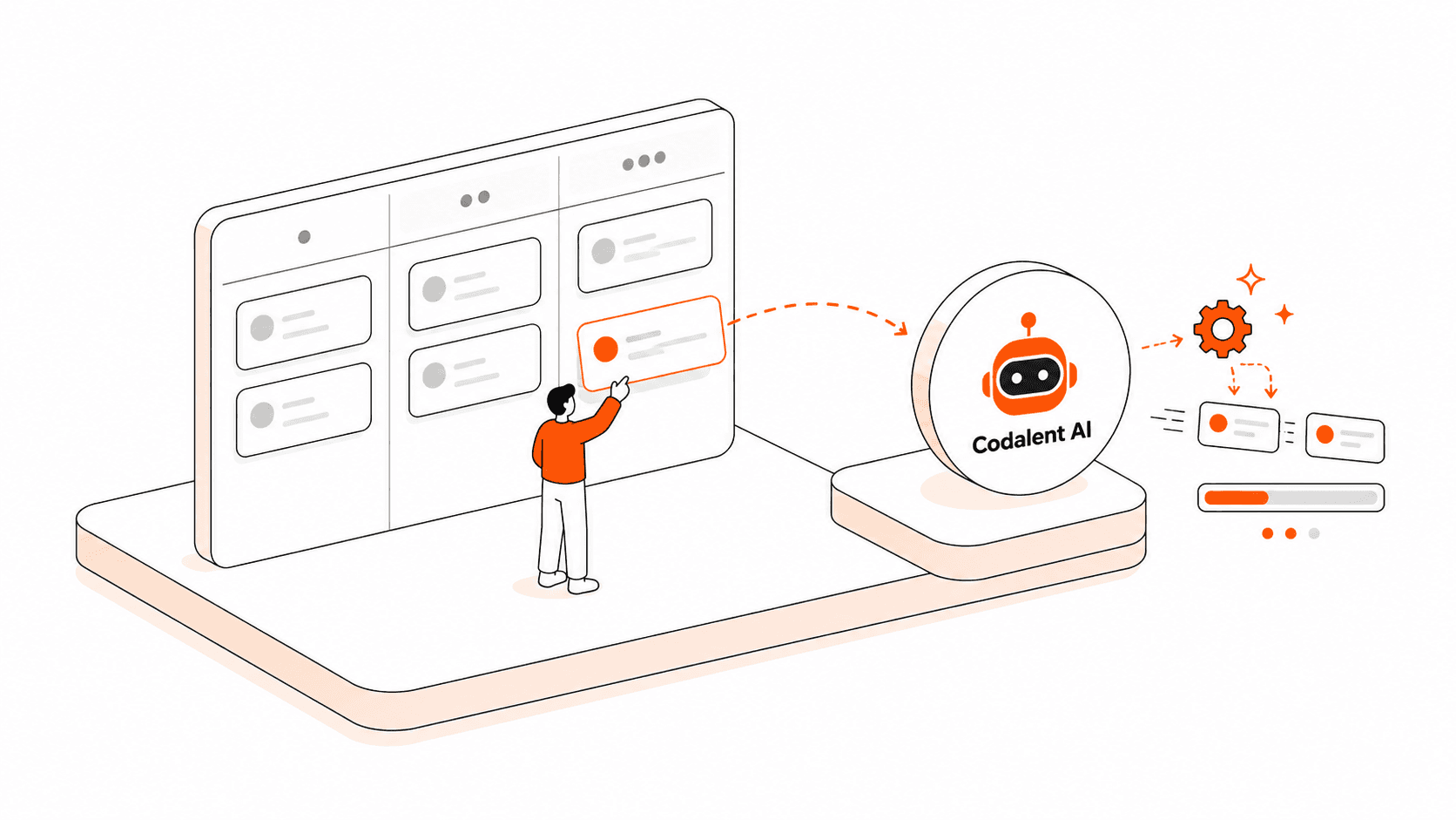 Illustration of a task being assigned to Codalent AI on a kanban board and the agent working through it