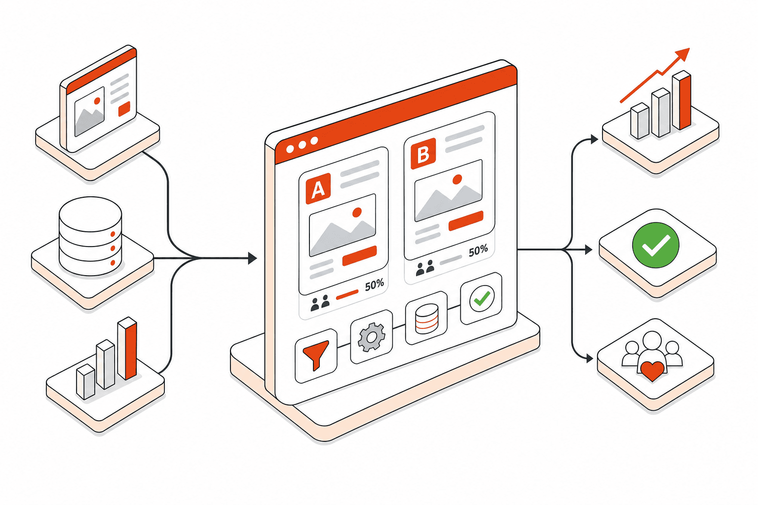 Isometric vector illustration representing A/B Testing Implementation Services