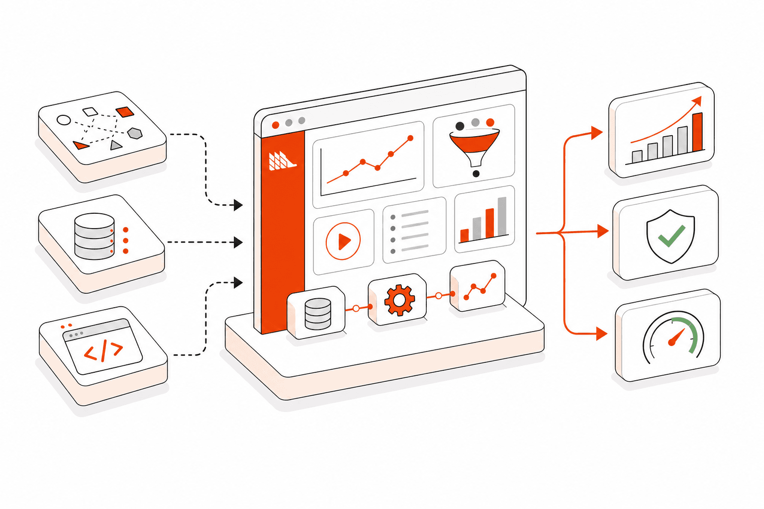 Isometric vector illustration representing PostHog Implementation Services for Product-Led SaaS | Codalent