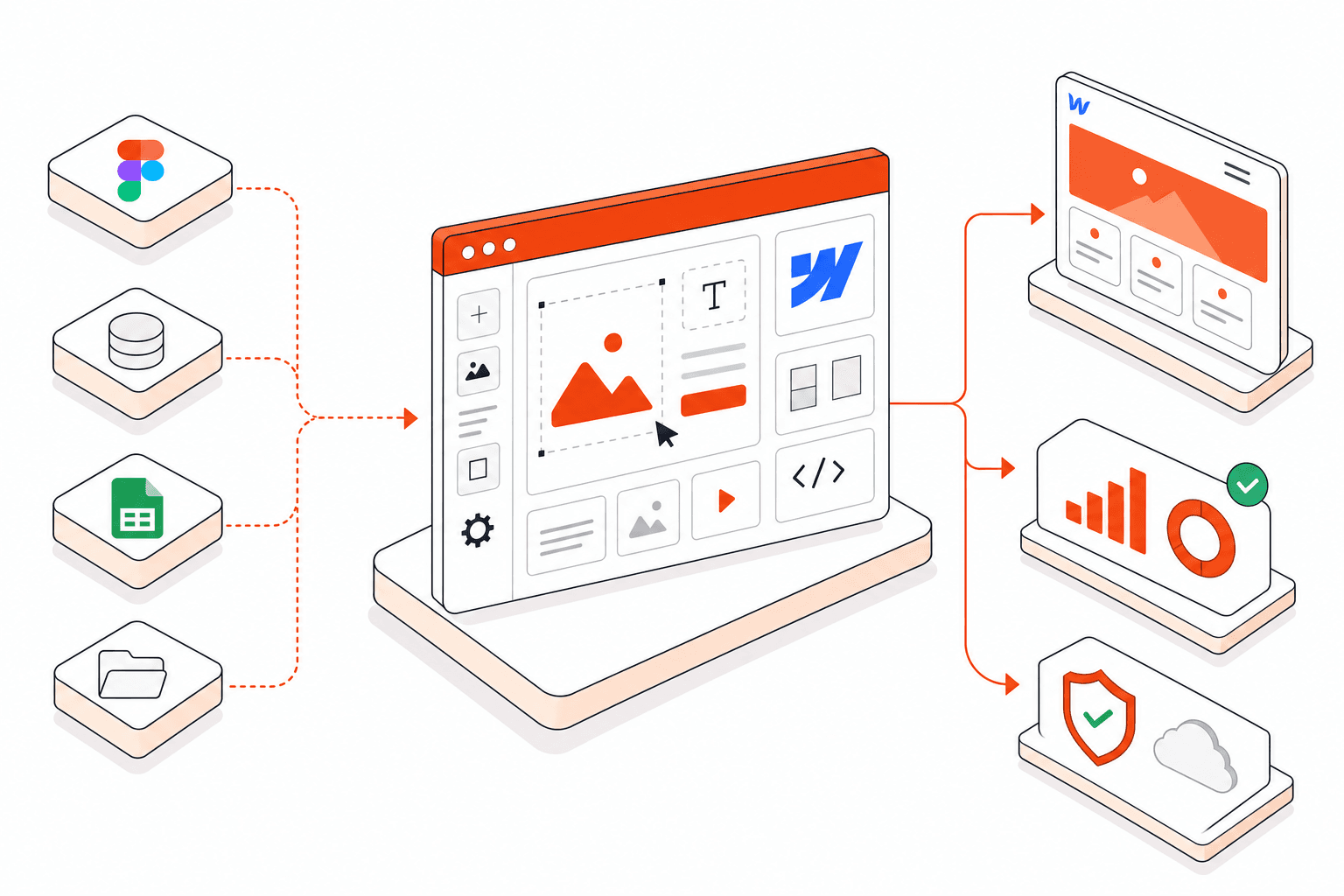 Isometric vector illustration representing Webflow Development