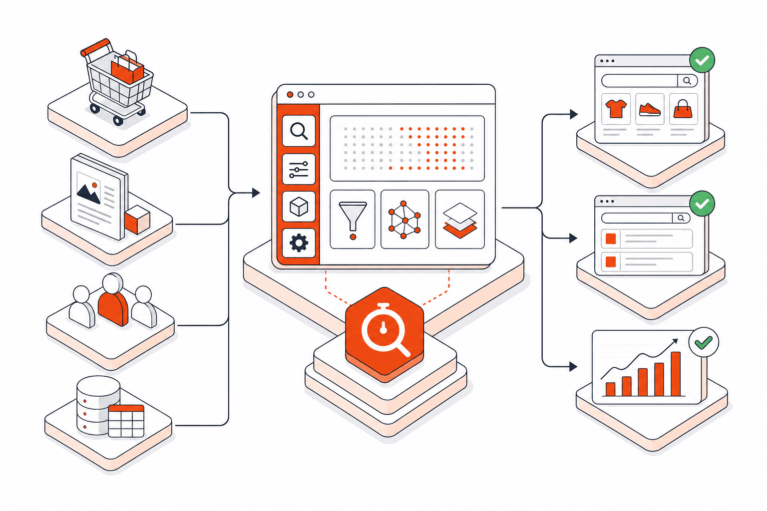 Isometric vector illustration representing Algolia Implementation Services