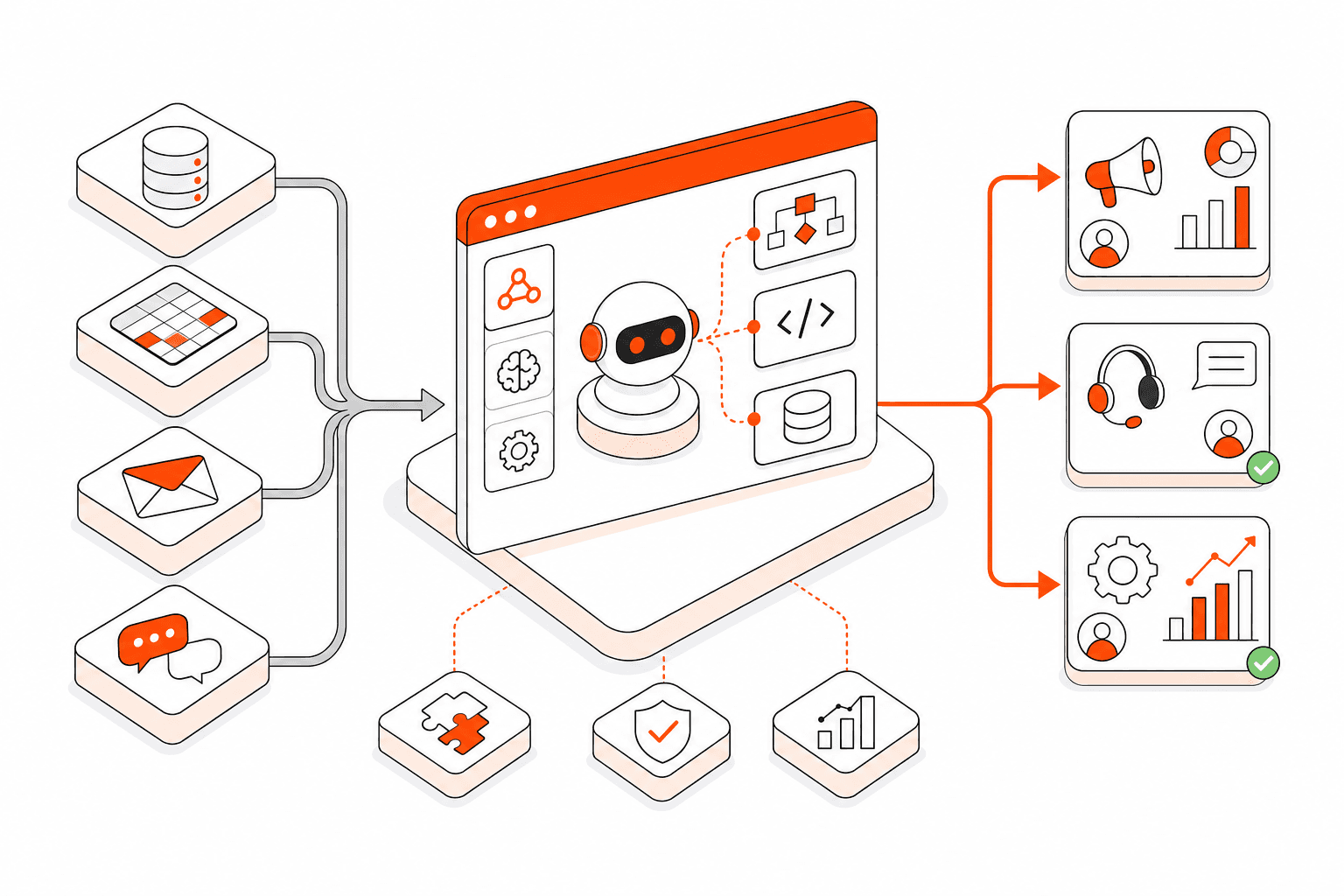 Isometric vector illustration representing Custom AI Agent Development